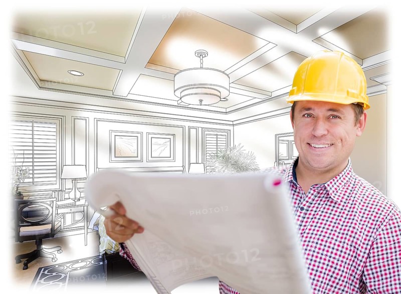Smiling contractor in hard hat with roll of plans over custom bedroom drawing and photo combination