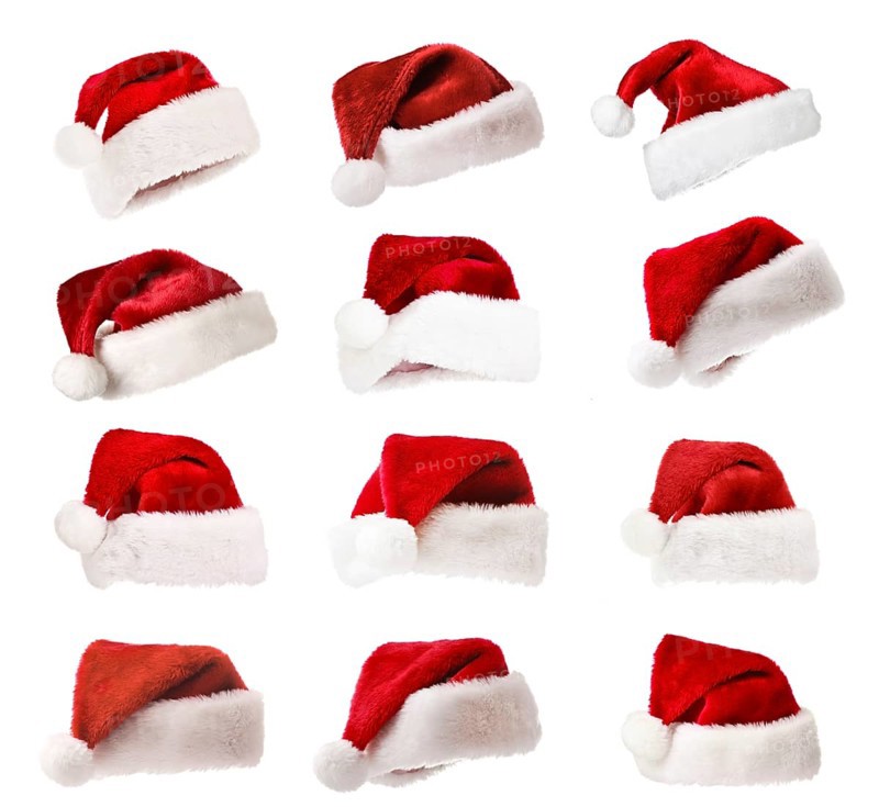Set of Santa's red hats isolated on white