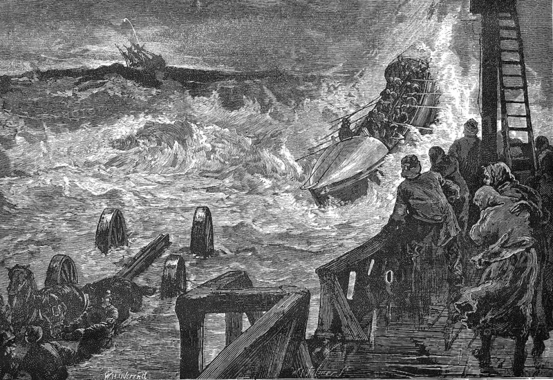 A lifeboat is launched in heavy seas
