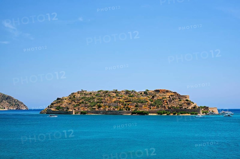 Island of Spinalonga with old fortress former leper colony and the bay of Elounda