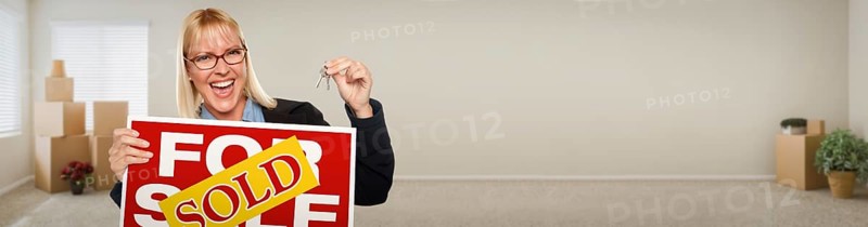 Banner of adult woman inside room with boxes holding house keys and sold for sale real estate sign