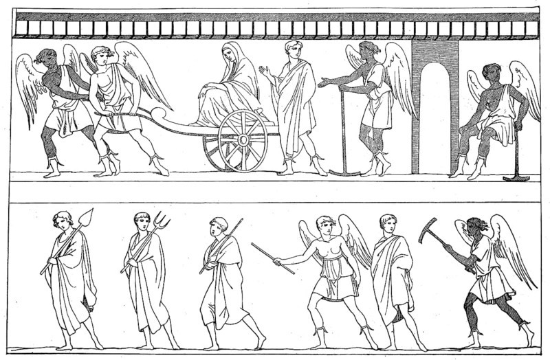 Good and evil spirits lead the soul to the court of the dead