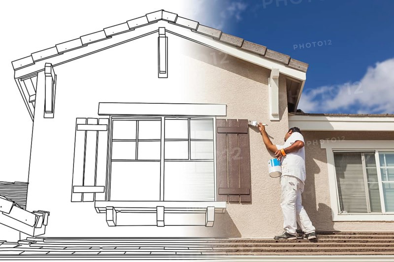 Split screen of drawing and photo of busy house painter painting home