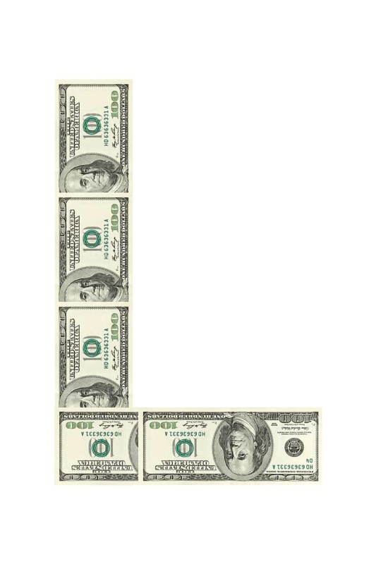 Letter L made of dollars isolated on white background