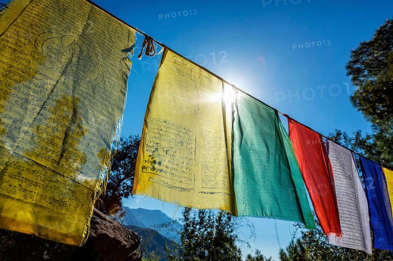 Prayer flags of Tibetan Buddhism with Buddhist mantra on it in Dharamshala monastery temple. There is the residence of Tibetan Buddhism spiritual leader Dalai Lama. Dharamsala