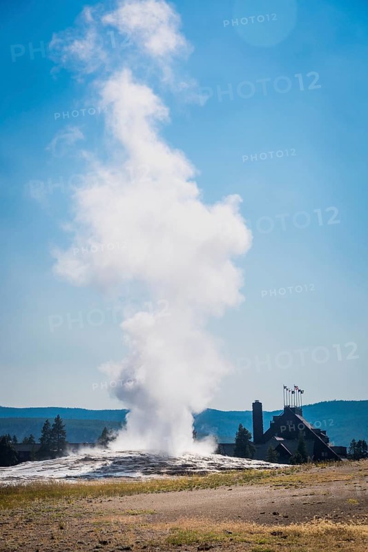 Old faithful geyser erupting at yellowstone national park