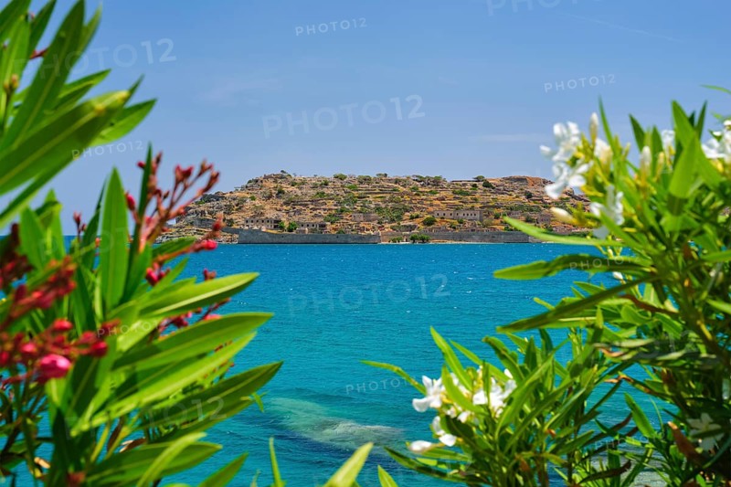 Island of Spinalonga with old fortress former leper colony and the bay of Elounda