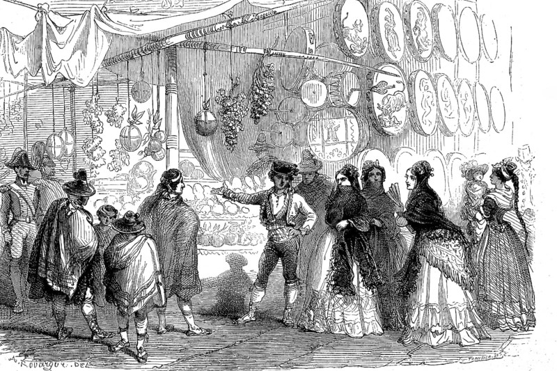 Fruit and nougat merchants at Christmas in the Plaza Mayor in Madrid