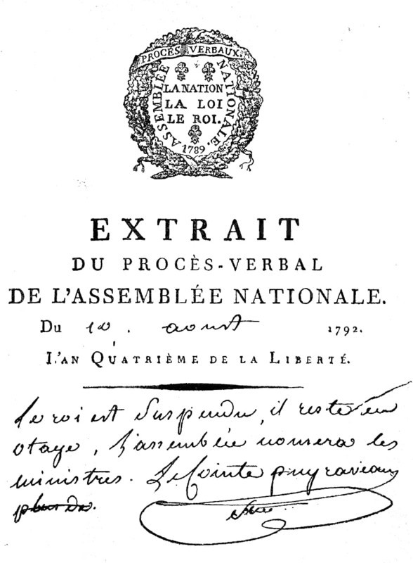 Facsimile of the decree of the National Assembly of 10 August 1792