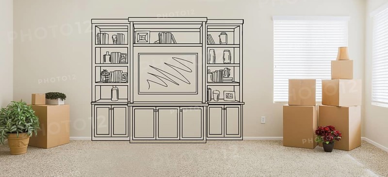 Empty room with moving boxes and entertainment unit drawing on wall