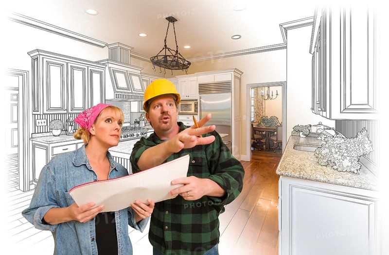 Contractor talking with customer over custom kitchen drawing and photo combination