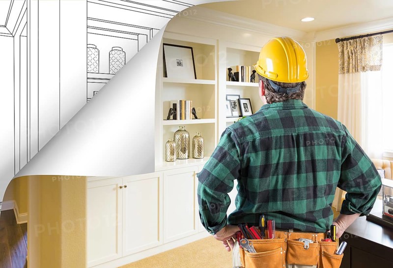 Contractor facing built-in shelves and cabinets photo with page corner flipping to drawing behind