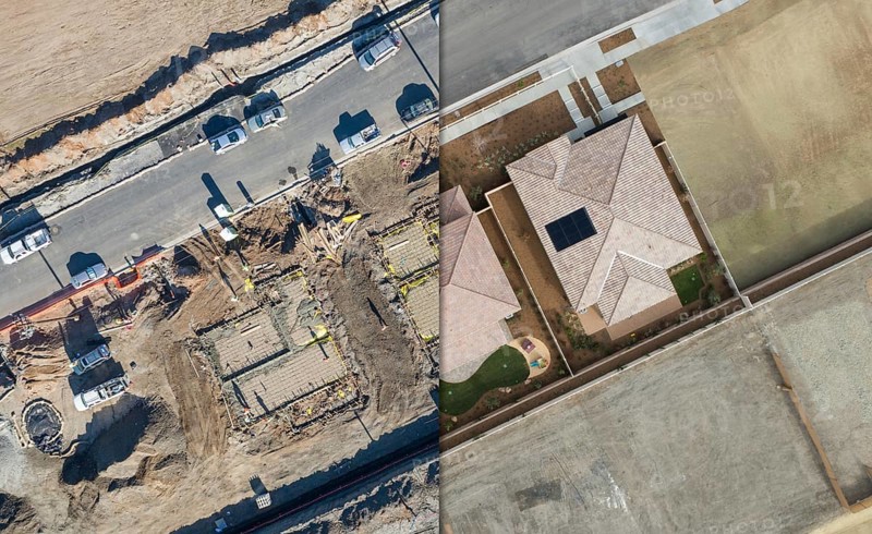 Drone aerial view cross section of home construction site