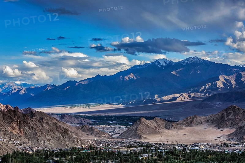 View of Leh town from above from Shanti Stupa on sunset