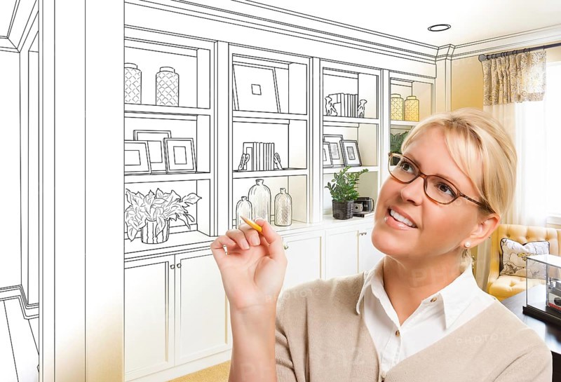 Young woman over custom built-in shelves and cabinets design drawing gradating to finished photo