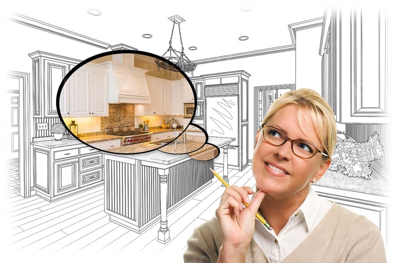Creative woman with pencil over custom kitchen drawing and thought bubble photo combination