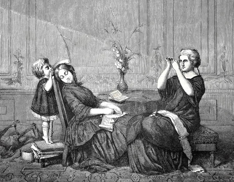 Orphan teasing his sleeping nanny with a blade of grass in 1870
