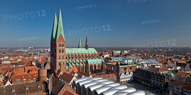 Bird's eye view of the old town with St. Mary's Church and striking roof of Peek and Cloppenburg