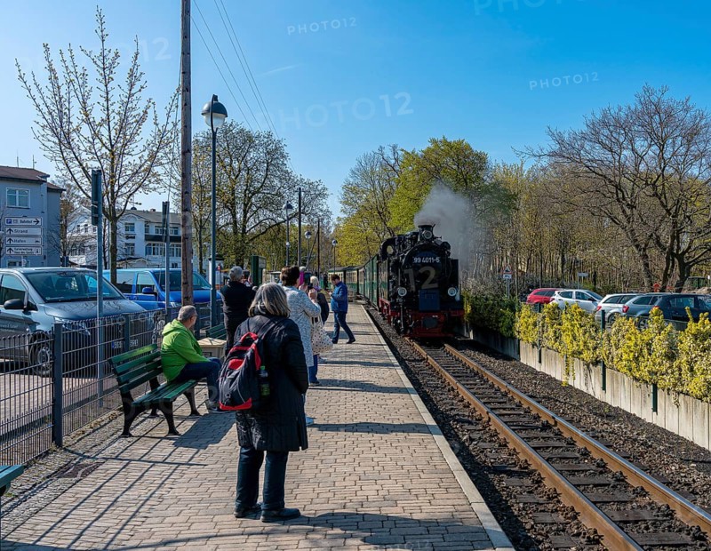 The historic railway Rasender Roland at Baabe station on the holiday island of Ruegen