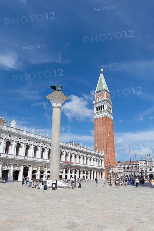 St Mark column bearing the winged lion and bell tower