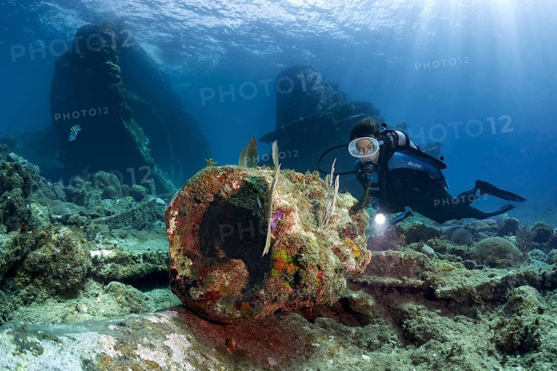 Diver looking at muzzle of gun barrel