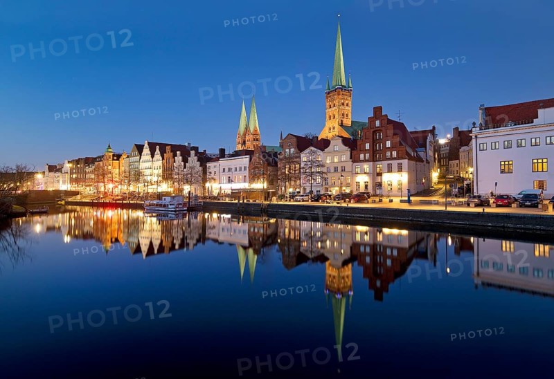 The historic old town on the Obertrave with the Church of St. Mary and the Church of St. Peter in the evening