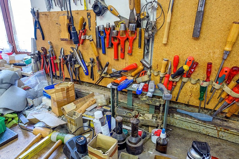 Workbench with tools in a saddlery in Allgaeu