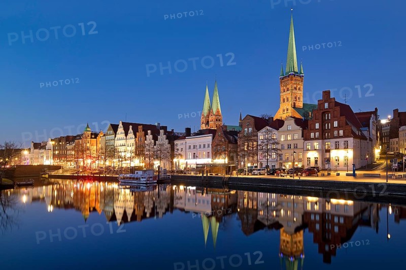 The historic old town on the Obertrave with the Church of St. Mary and the Church of St. Peter in the evening