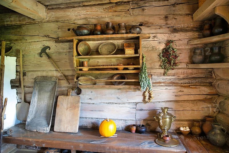 Kitchen utensils in the interior of the Museum of Wooden Architecture