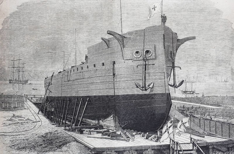 Das Panzerschiff Friedrich der Grosse auf dem Stapel in der Werft von Kiel