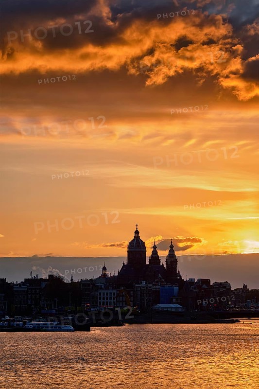 Amsterdam cityscape skyline with Church of Saint Nicholas