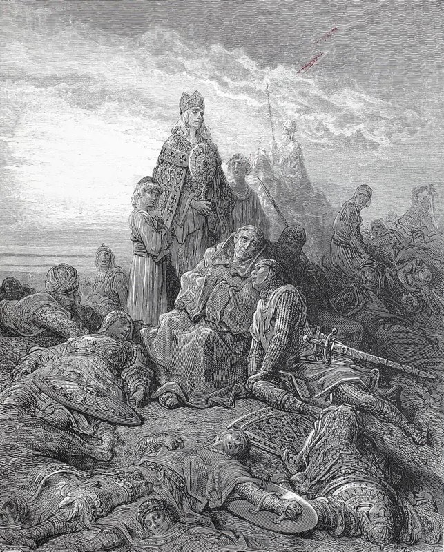 The badly wounded knight confessing next to a priest