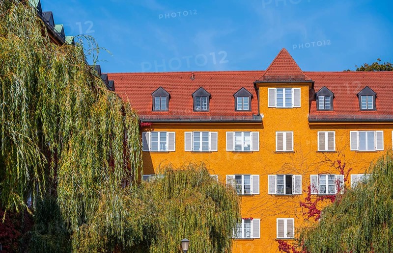 Inner courtyard with park and yellow apartment buildings
