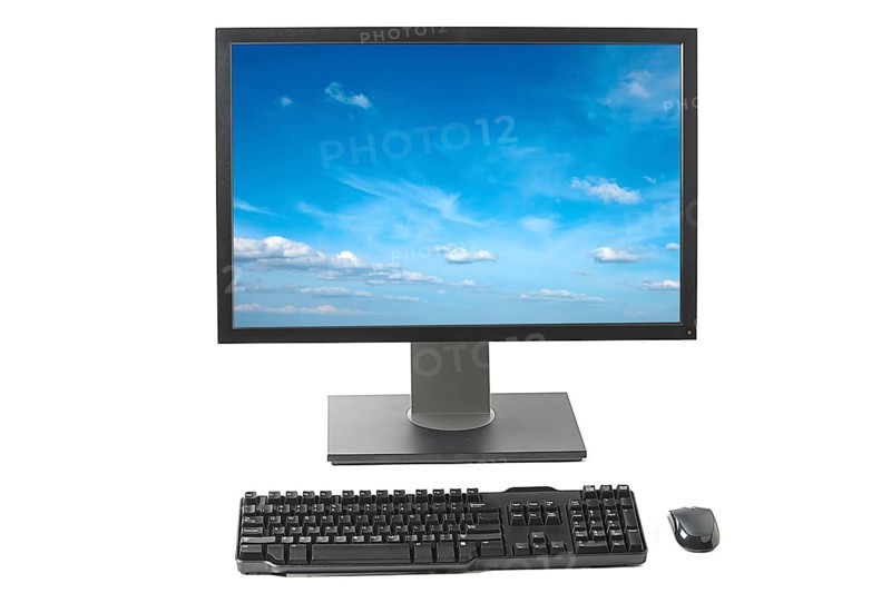 Computer workstation monitor keyboard mouse isolated on white background