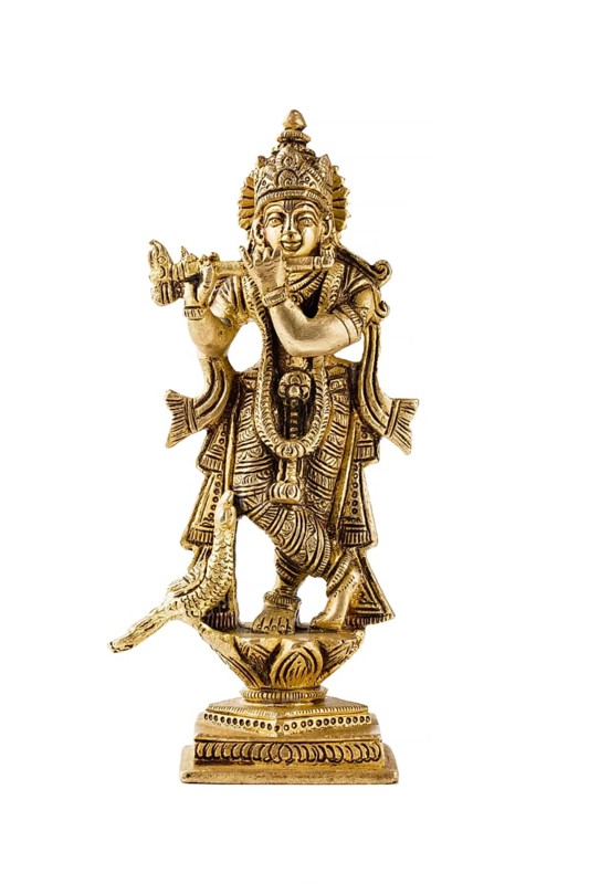 Krishna god Vishnu avatar brass statue isolated on white with reflection