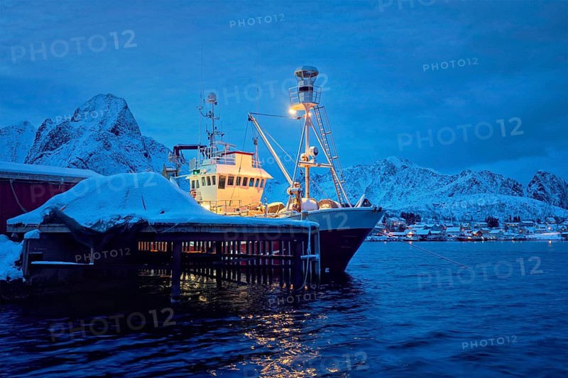 Fishing boat in Reine village illuminated at night in winter. Lofoten islands