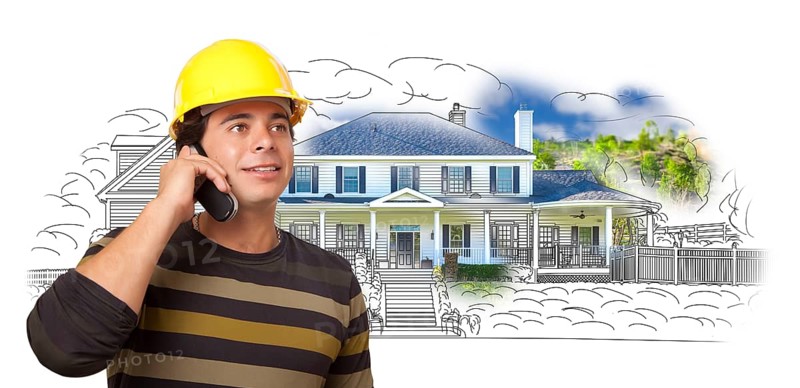 Hispanic construction worker on phone over house drawing and photo combination on white