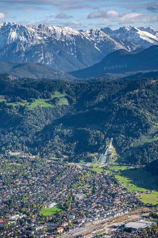 View over Garmisch-Partenkirchen with ski jump and Wetterstein Mountains