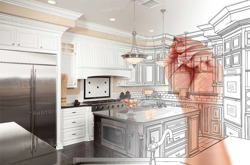 Hand drawing custom kitchen design with gradation revealing photograph