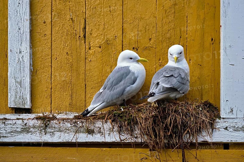 Seagulls couple two birds on nest against yellow wall. Lofoten islands