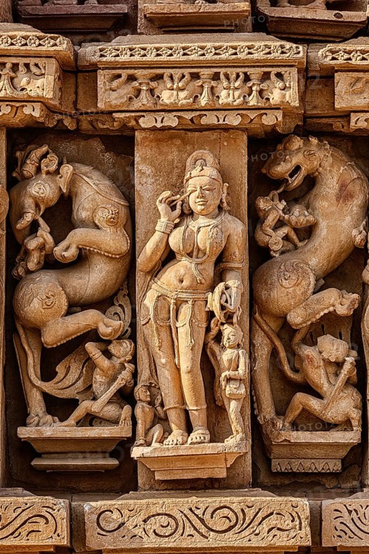 Stone carving bas relief sculptures on Adinath Jain Temple