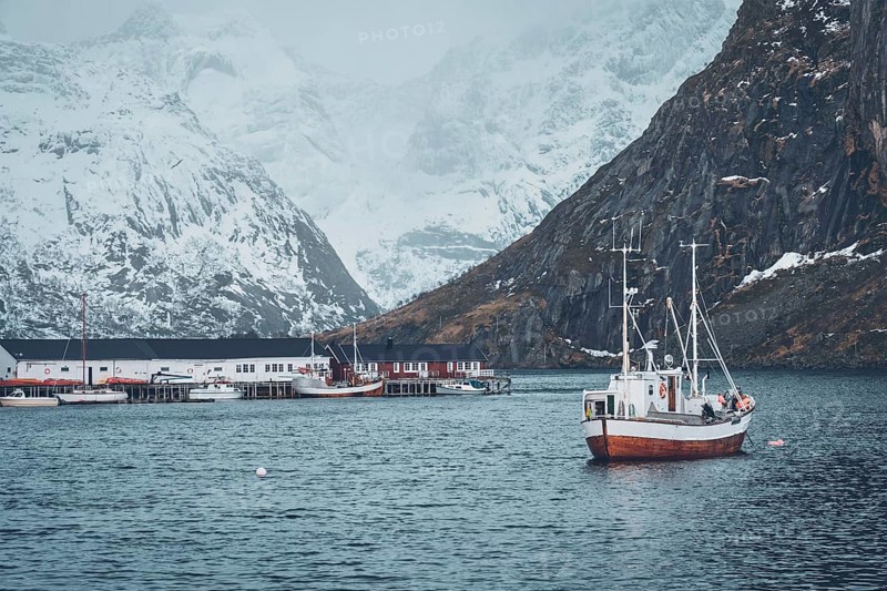 Ship fishing boat in Hamnoy fishing village on Lofoten Islands