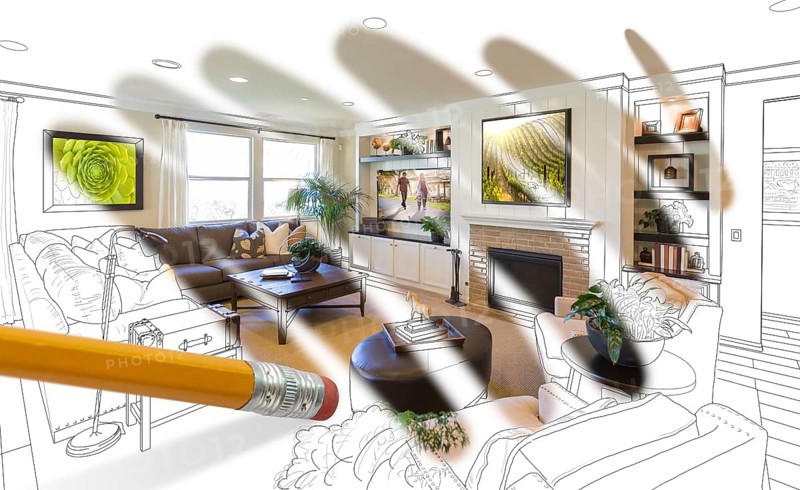 Pencil erasing drawing to reveal finished custom living room design photograph