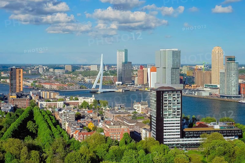 View of Rotterdam city and the Erasmus bridge Erasmusbrug over Nieuwe Maas river from Euromast