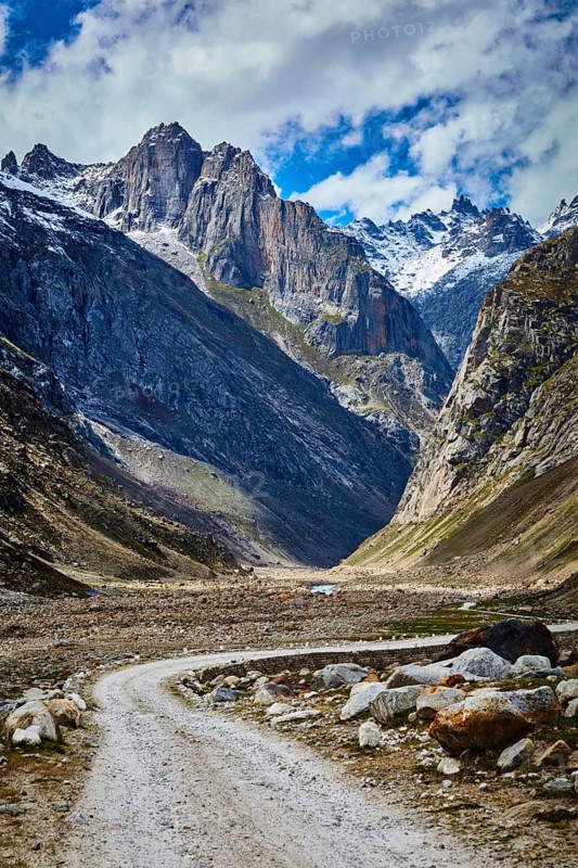 Road in Lahaul Valley in Himalayas. Himachal Pradesh