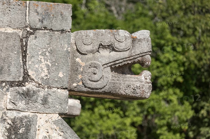 Mayan jaguar figurehead sculptures at the archaeological site in chichen itza