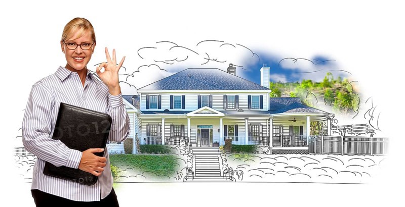 Woman with okay sign and file folder over house drawing and photo combination on white