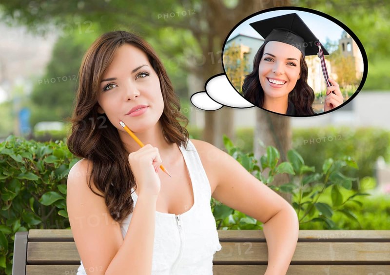 Thoughtful young woman with herself as a graduate inside thought bubble
