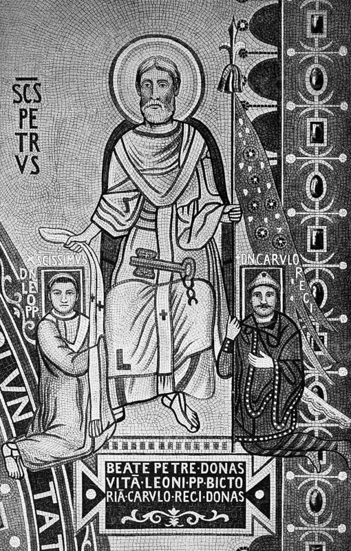 St. Peter presents the stole to Leo III and the flag to Charlemagne as a sign of spiritual and temporal rule