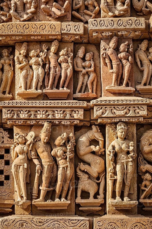 Stone carving bas relief sculptures on Adinath Jain Temple